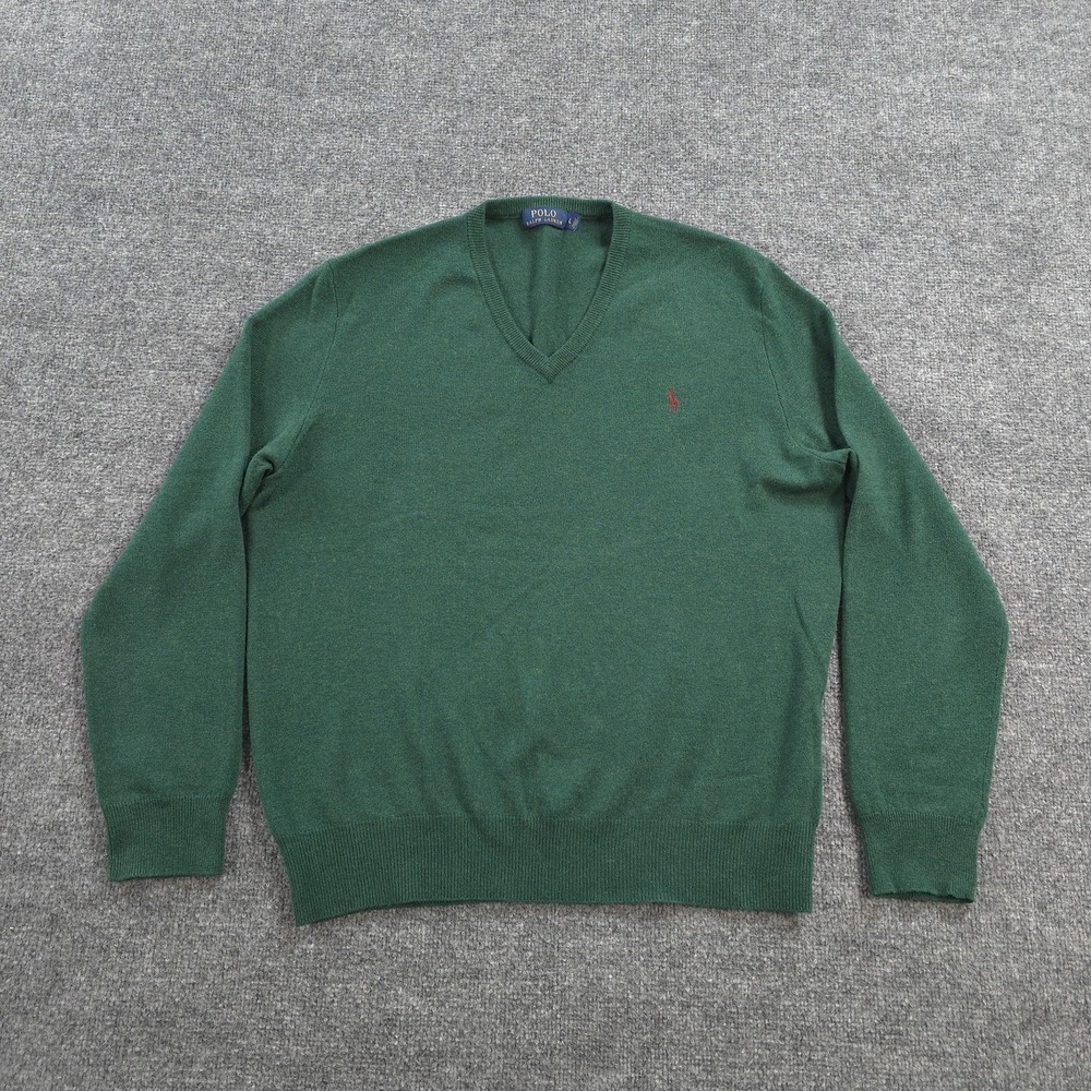 Polo Ralph Lauren Sweater Mens Large Green 100% Merino Wool V Neck Knit Pullover
